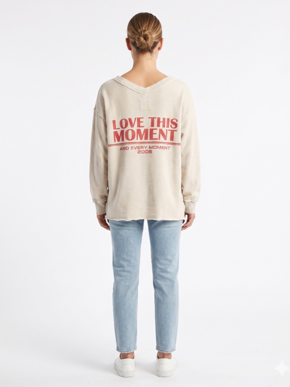 Aerie Love This Moment 2006 Sweatshirt V-Neck Raw Hem Pullover Large Cream